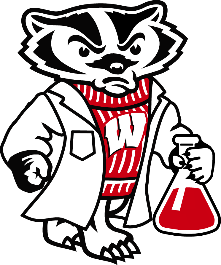 Cartoon of Bucky Badger in a labcoat and holding a laboratory flask.